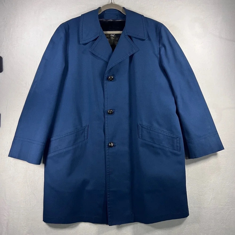 Vintage‎ 70s London Fog Men's Blue Faux Fur Lined Trench Coat Maincoat 40Short